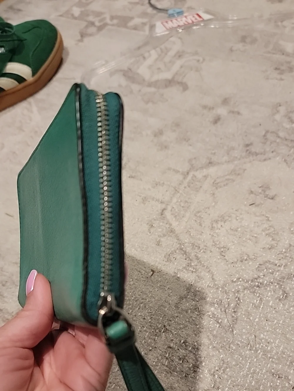 COACH Green Pebble Leather Zip Around Wallet With Wrist Strap